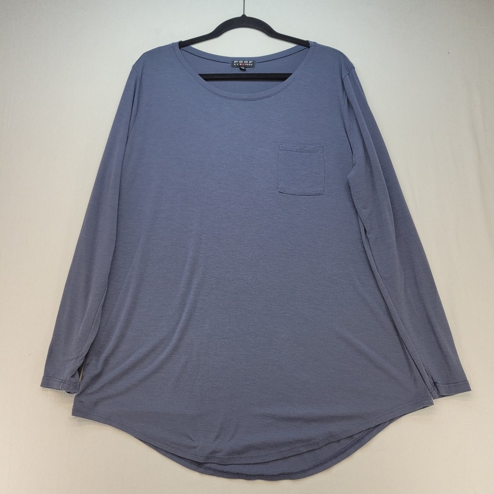 Poof New York Top Womens 3X Blue Relaxed Long Sleeve Pocket Curved Hem T-Shirt